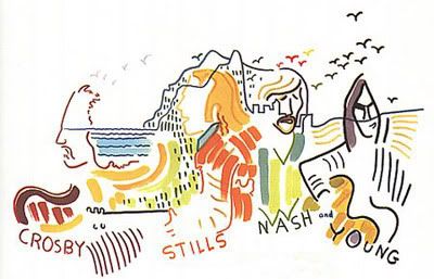 “So far” (1974), uma colectânea de êxitos dos Crosby, Stills, Nash & Young, cuja capa foi desenhada por Joni Mitchell.