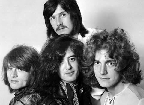 Led Zeppelin: John Paul Jones (esq.), John Bonham (centro sup.), Jimmy Page (centro inf.), Robert Plant (dir.)