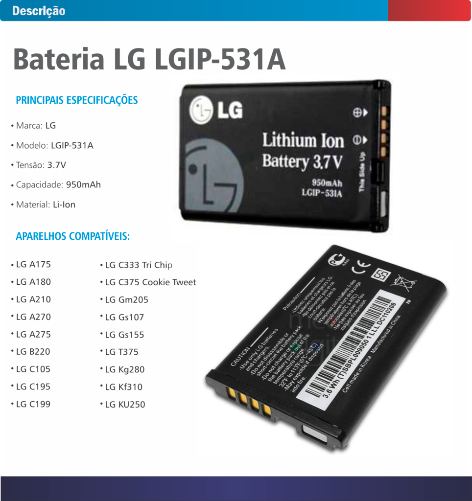 Bateria Lg Lgip531a 950mah 3.7v B220 A175 A180 A210 A270 R 24,90 em